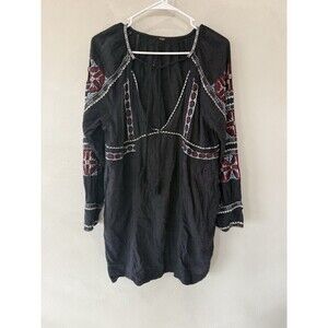 Free People Womens Dress Medium Black Embroidery Hippie Boho Long Sleeve